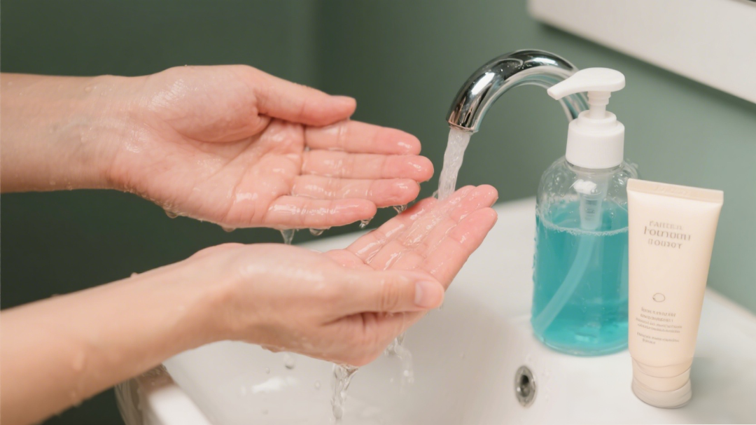 jimeng-2026-01-29-5334-用洗手液洗手，两只手用了洗手液在沾水搓，旁边还放了一瓶护手霜(1).png
