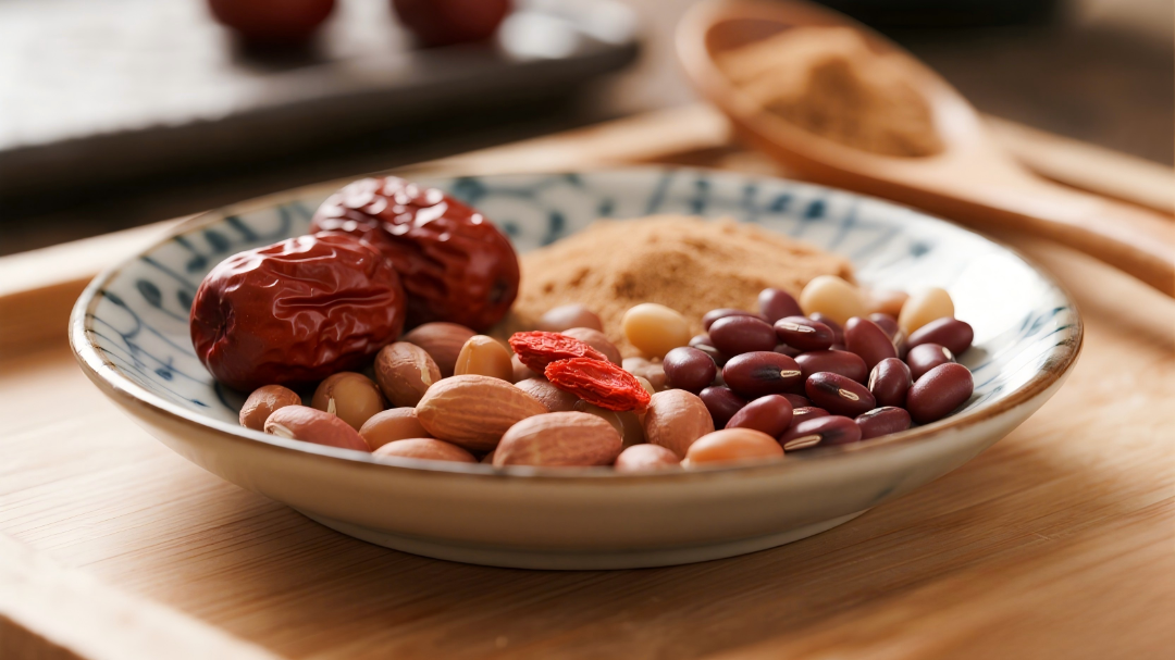 jimeng-2026-02-25-4083-一个盘子，盛放着红豆+红皮花生+红枣+枸杞+红糖(1).png