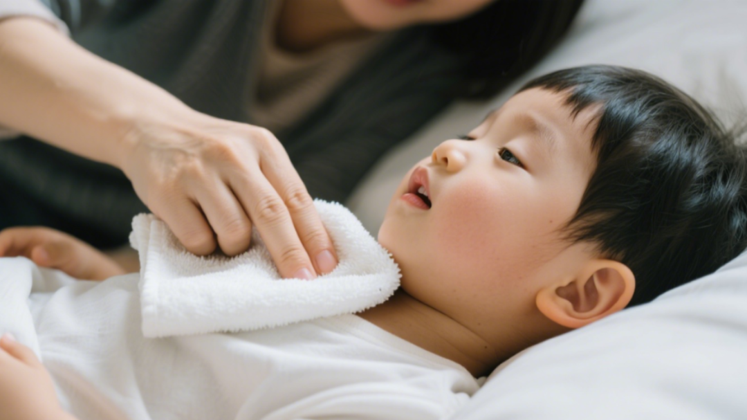 jimeng-2025-11-21-5737-家长用毛巾擦拭3岁孩子颈部。孩子躺在床上.png