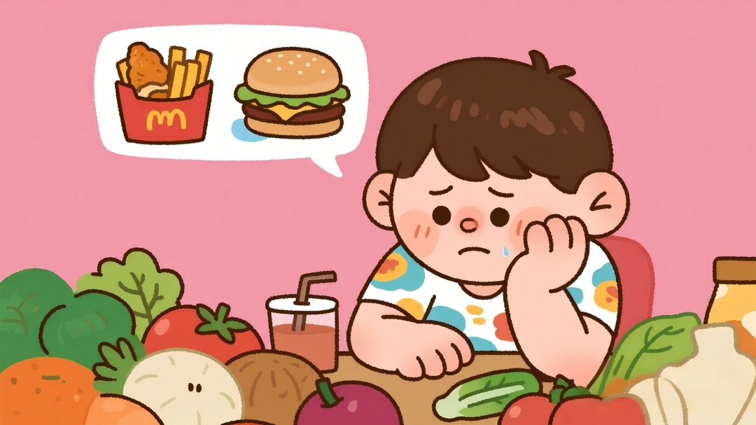 jimeng-2026-03-05-1658-一个孩子，抱着脸颊不太开心的样子，面前摆着蔬菜水果，从头上引出一个对话框，里面是...(1).png