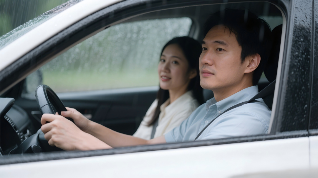 jimeng-2026-01-30-8374-亚洲人的丈夫和妻子在路上开车。车窗外是雨天，表情正常就行(1).png