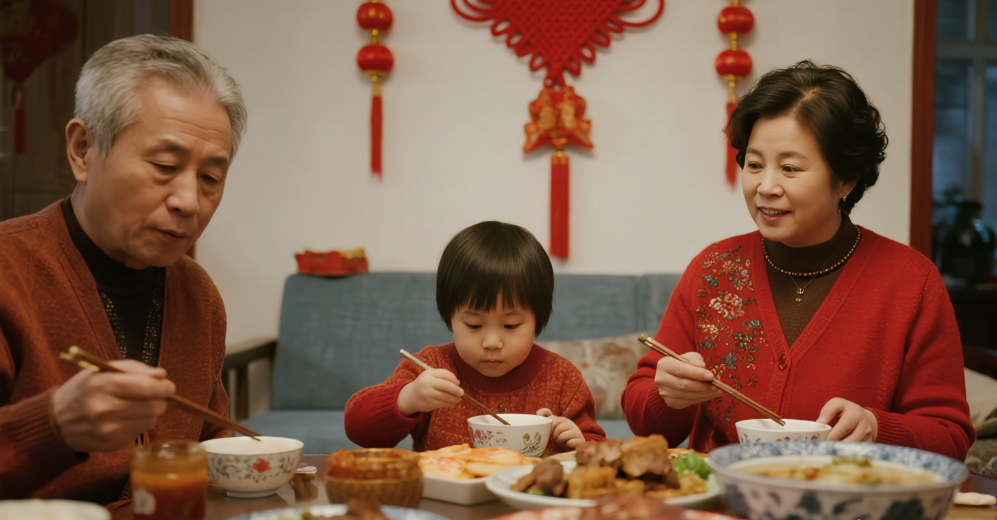 jimeng-2026-02-07-1263-春节氛围的客厅，墙上有中国结，一家人在吃腐乳、腌肉、臭豆腐等菜品.png