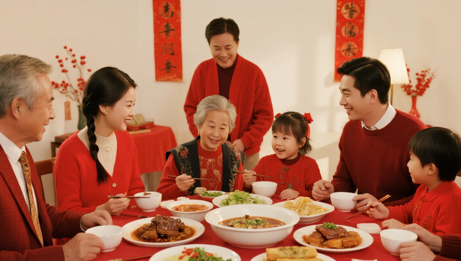 jimeng-2026-02-07-7980-春节一家人吃年夜饭，大家穿着红色的服饰，桌上有有红烧肉、炸春卷、剁椒鱼头等丰富的....png