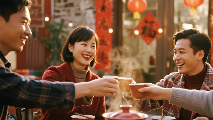 jimeng-2026-02-07-8639-在春节氛围的外面餐厅的餐桌上，大家一起用茶水碰杯.png
